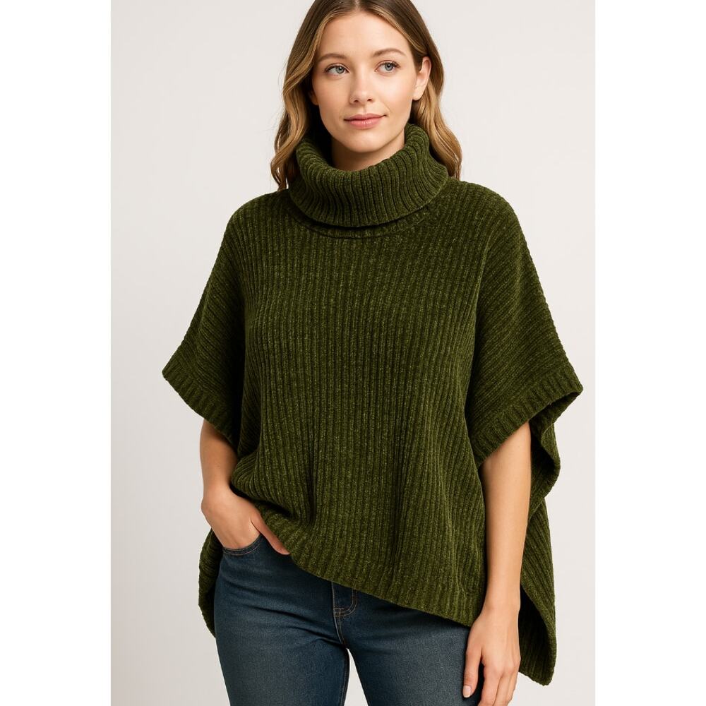NWT‎ ee:some Olive Turtleneck Chenille Ribbed Poncho Size M/L Fall Warm Cozy